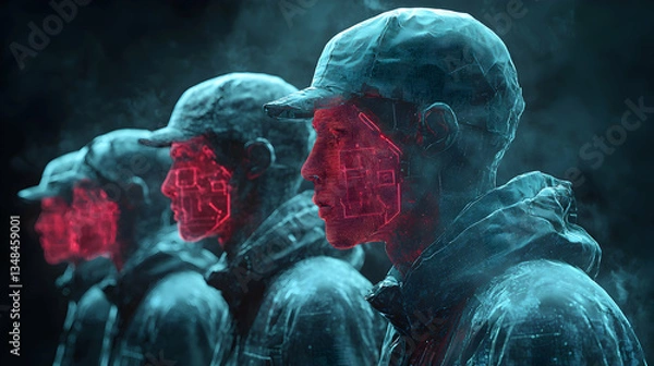 Obraz Digital soldiers with glowing face scans in a smoky atmosphere. Ideal for projects involving surveillance, cybersecurity, futuristic warfare, or dystopian themes.