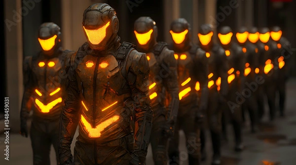 Obraz Futuristic soldiers in dark armor with glowing orange visors and details march in formation. Ideal for sci-fi film or game character design.