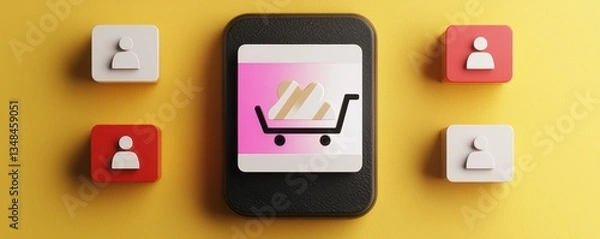 Fototapeta Shopping Cart Icon with User Profiles on Bright Background