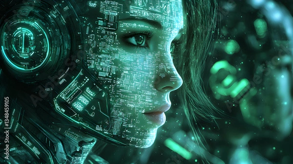 Obraz A woman's face merges with glowing circuitry in this cyberpunk-inspired portrait. Ideal for sci-fi book covers, music album art, or social media banners.