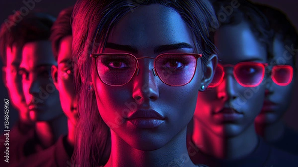 Obraz People wearing futuristic glasses with digital displays. Ideal for a cyberpunk or technology-themed project promoting innovation and virtual reality.