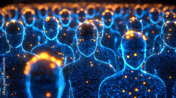 Obraz Abstract glowing blue figures form a crowd. Perfect for visualizing concepts of digital society, AI, or metaverse.