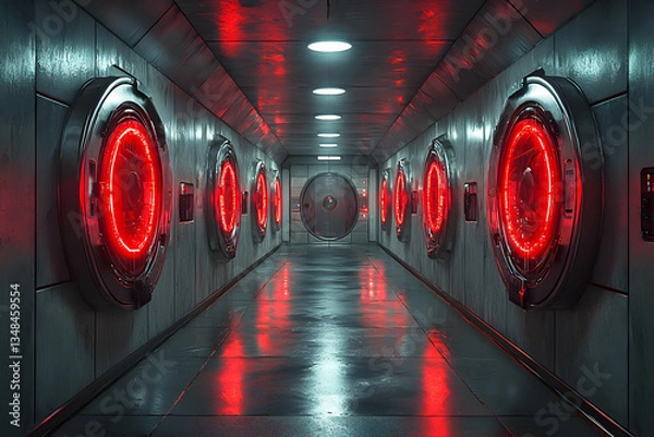 Obraz A dimly lit metallic corridor with red glowing circular vault doors evokes a sense of mystery and futuristic technology. Ideal for sci-fi, thriller, or game backgrounds.
