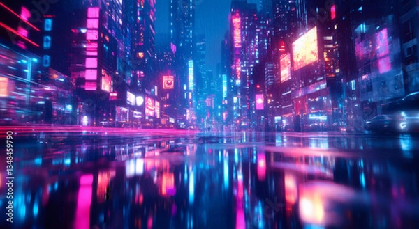 Fototapeta Night Cityscape with Neon Lights Reflecting on Wet Streets in Urban Setting with Vibrant Colors and Blurred Motion