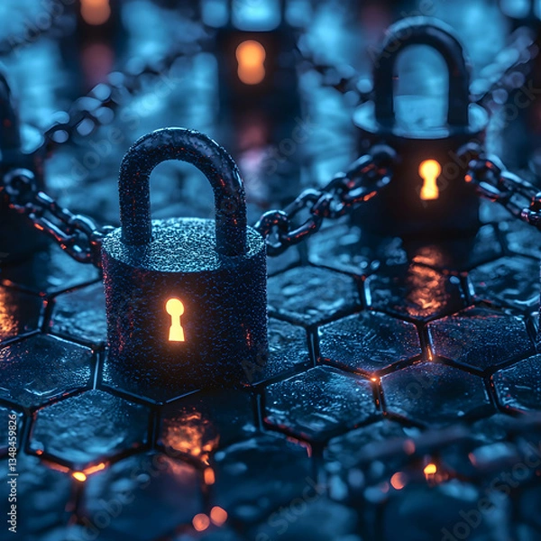 Obraz Dark and atmospheric image of glowing padlocks and chains on a hexagonal surface. Ideal for cybersecurity or data protection themes.