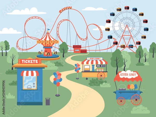 Obraz Amusement park landscape. Roller coaster, city with carousels and attractions, entertainment for children and adults, vector illustration