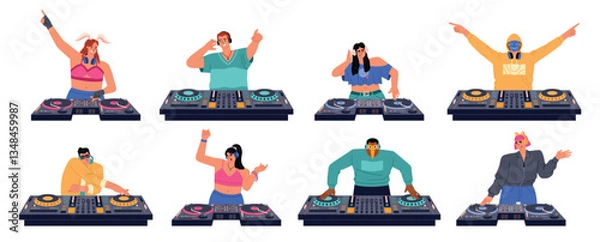 Obraz Djs characters. Party people with mixers, turntables, equalizers, nightclub music, girls and guys with headphones, discotheque, vector set
