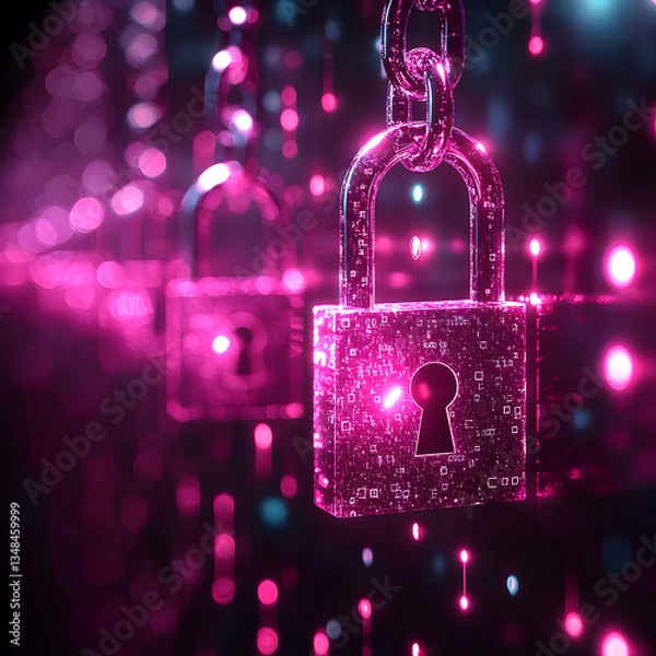 Fototapeta Pink digital padlocks linked by chains on a dark background. Ideal for cybersecurity, data protection, and privacy-related visuals.