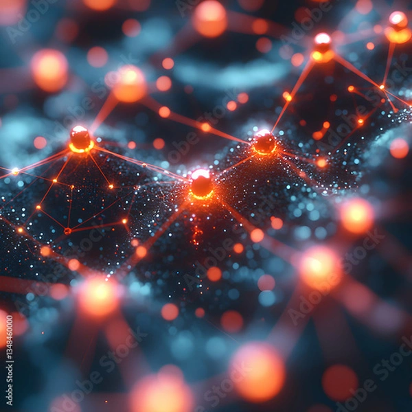 Fototapeta Abstract network of glowing interconnected nodes and lines. Ideal for technology, science, or futuristic-themed projects visualizing data flow, AI, or complex systems.