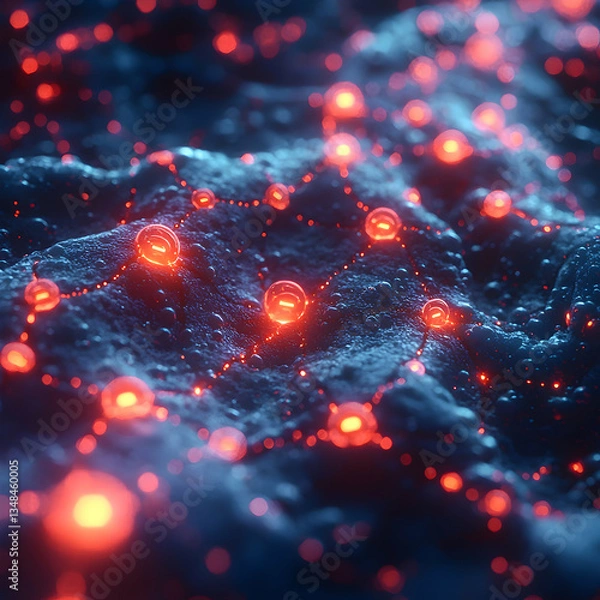 Obraz Glowing red orbs interconnected by luminous threads on a dark textured surface. Ideal for sci-fi, technology, or abstract backgrounds and wallpapers.