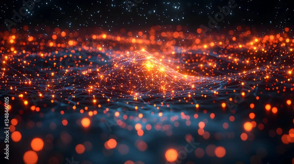 Obraz Abstract glowing particles and plexus network connections. Futuristic technology background.  Suitable for technology, science, or data visualization projects.