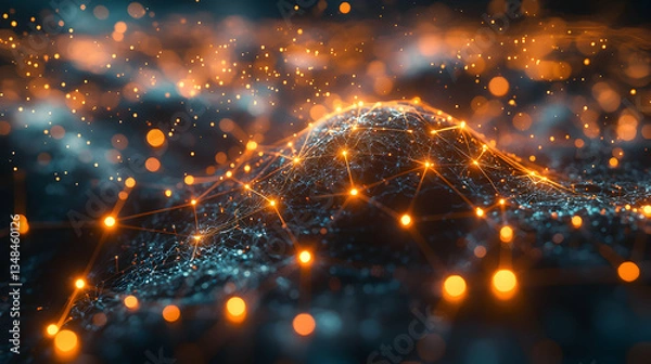Fototapeta Abstract network of glowing interconnected nodes and lines. Ideal for visualizing technology, data flow, or scientific concepts. Use as a background for presentations or websites.