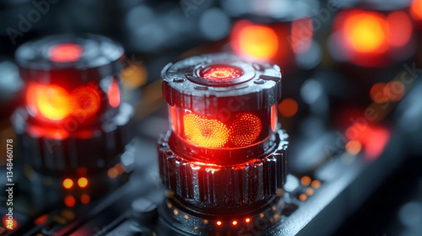 Obraz Close-up of intricate mechanical devices with glowing red lights. Ideal for sci-fi, technology, or industrial themes.  Perfect for website banners, backgrounds, or concept art.