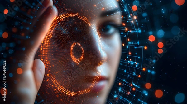 Obraz A woman's face is overlaid with a swirling pattern of orange and blue lights. Suggests facial recognition technology or biometric security.