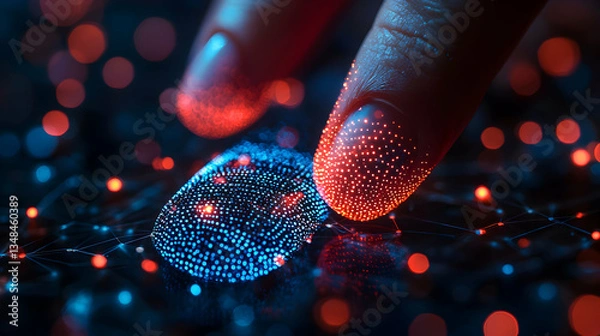 Obraz Fingers interact with a glowing blue fingerprint on a dark digital network. This image evokes cybersecurity, biometric authentication, and data protection.