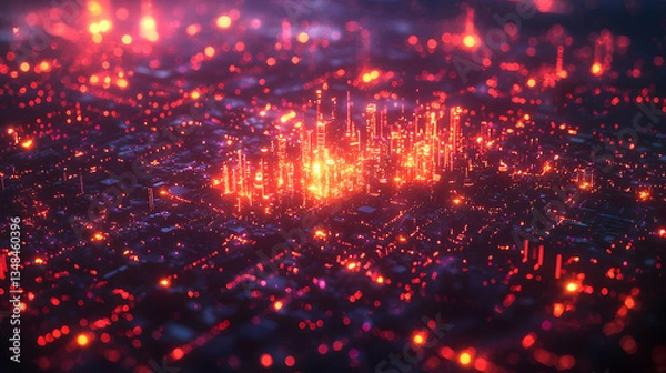 Obraz A futuristic cityscape glows with vibrant red lights at night. Ideal for cyberpunk or sci-fi projects as backgrounds or overlays.