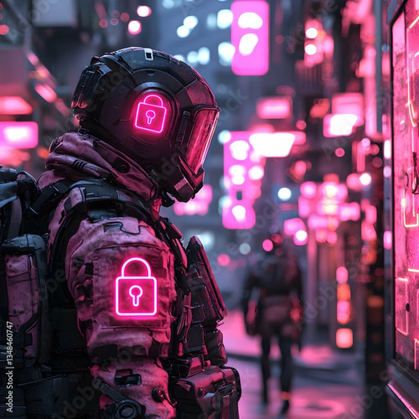 Obraz A futuristic soldier with glowing lock icons patrols a neon-lit cityscape. This image evokes themes of cybersecurity, data protection, and digital surveillance in a cyberpunk setting. Ideal for album 