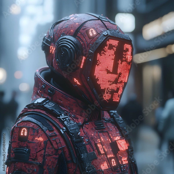 Obraz A futuristic cyborg with a red LED-lit helmet and armor stands in a blurred cityscape. This image could be used for a sci-fi movie poster or game cover art.