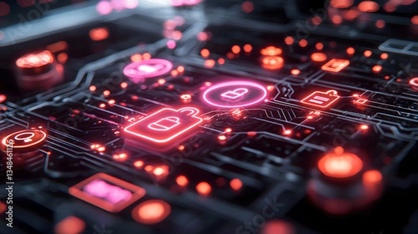 Fototapeta Neon pink cybersecurity icons glow on a dark circuit board. Ideal for visualizing digital security, data protection, or online privacy.