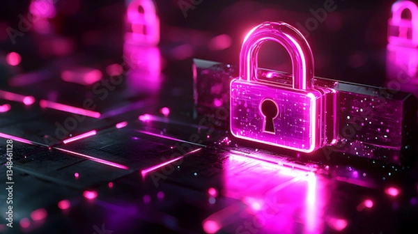Obraz A vibrant neon pink padlock symbolizes digital security. Ideal for cybersecurity, data protection, or privacy-focused applications.  Use this visually striking image for websites, presentations, or so
