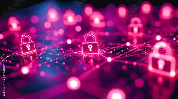 Obraz Pink and blue neon padlocks interconnected by glowing lines symbolize cybersecurity and network protection. Ideal for tech websites, presentations, or cybersecurity awareness campaigns.