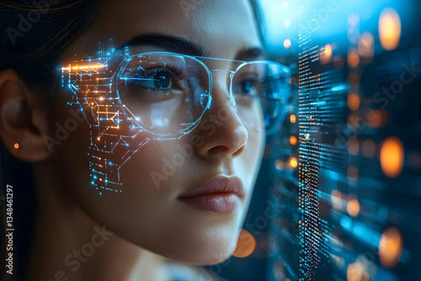 Obraz A woman wearing glasses interacts with a digital interface.  This image evokes themes of futuristic technology, augmented reality, and data analysis. It's suitable for websites or articles related to 