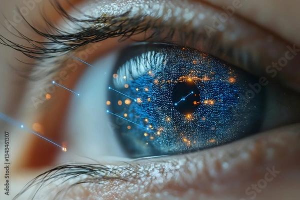 Obraz Close-up of an eye with a digital overlay suggesting augmented reality or futuristic vision enhancement. Ideal for technology websites or articles about vision and innovation.