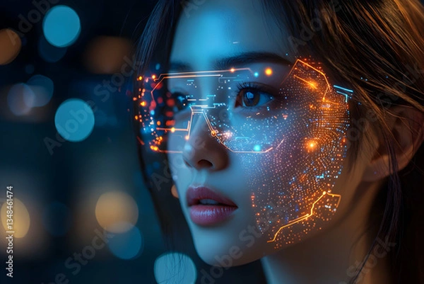 Obraz A woman's face is illuminated by a futuristic heads-up display. Cybersecurity and facial recognition applications are suggested.