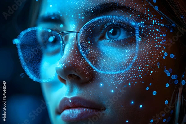 Obraz Close-up of a person's face with glasses and blue lights projected onto their skin. This image could be used for futuristic or technological themes.