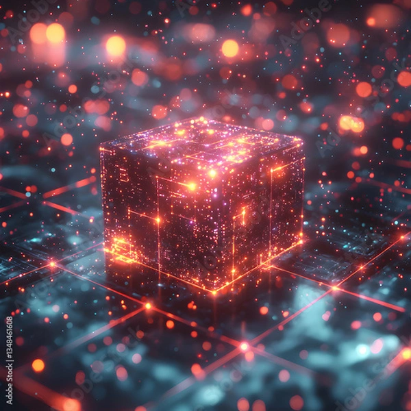 Obraz A glowing cube hovers above a grid, radiating energy and technological prowess. Ideal for visualizing data processing, AI, or futuristic concepts.