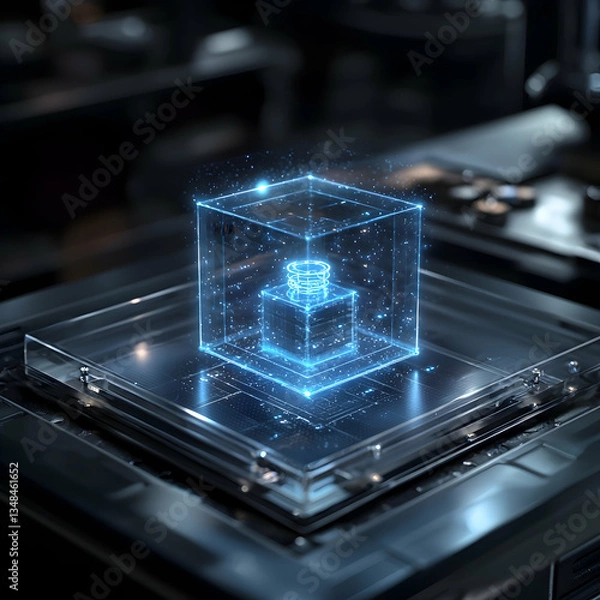 Obraz A glowing blue holographic cube encases a smaller cube on a futuristic platform. This visual represents secure data storage and advanced technology applications.