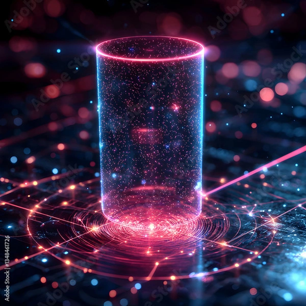 Obraz A vibrant neon cylinder emits radiant light onto a network of interconnected nodes. Ideal for showcasing futuristic technology or data visualization.