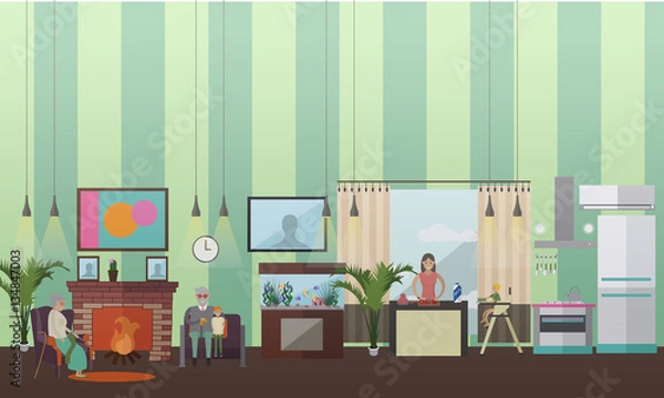 Fototapeta Vector illustration of grandparents, mother and children in flat style