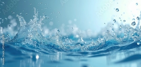 Obraz Close-up of splashing water with transparent droplets, waves. Fresh, clean, pure liquid, cool beverage. Abstract blue background, macro shot. Nature, healthy drink. Beauty, refreshment, environment.
