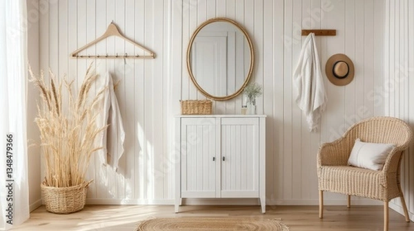 Obraz Coastal entryway with white cabinet, mirror, and wicker chair