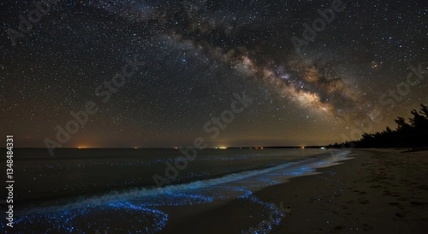 Obraz Starry night sky over a beach with glowing bioluminescent waves and distant lights