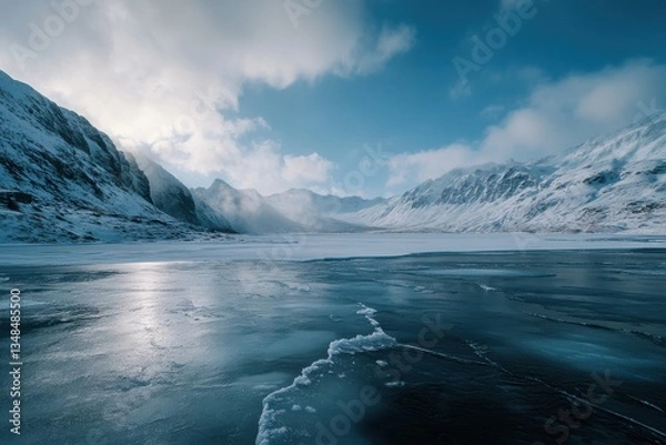 Fototapeta Glacial reflections in the pristine valley at dawn on a chilly winter morning