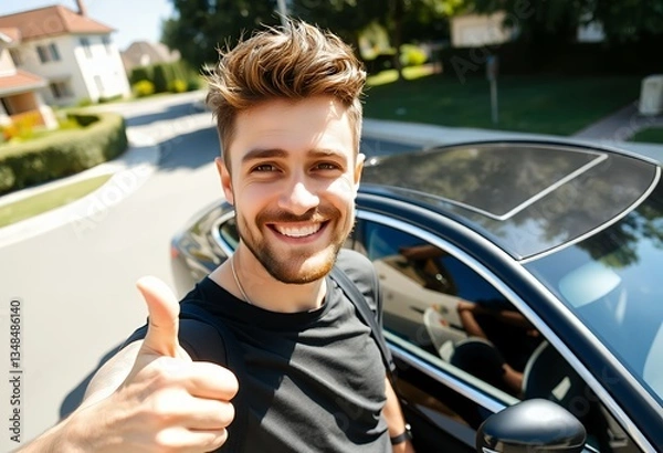 Obraz Smiling man giving thumbs up near black car on sunny day