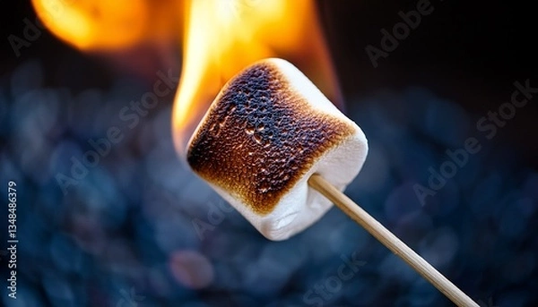 Fototapeta Perfectly Toasted Marshmallow on a Stick Near a Campfire During a Summer Evening Gathering
