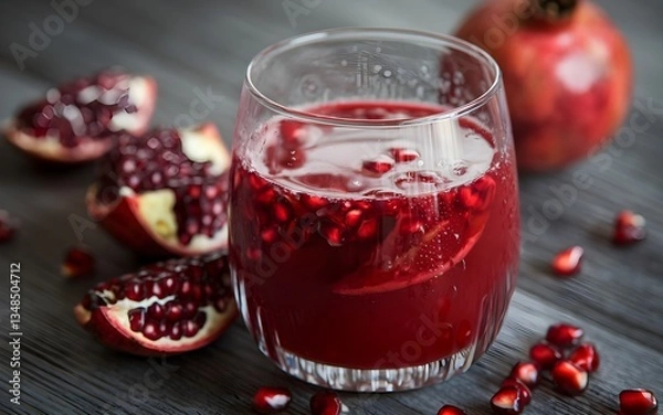 Fototapeta Refreshing pomegranate drink with jewel-like arils. A vibrant and healthy beverage option, perfect for a revitalizing treat on a wooden surface.