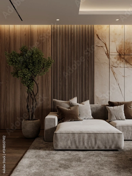 Fototapeta Contemporary interior with sofa, brown wood wall panels, potted tree. 3d render illustration mockup.