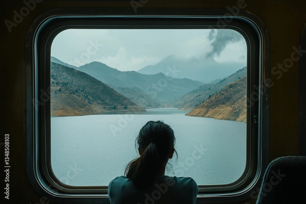 Obraz Woman looking at a lake and mountains through a train window during travel.