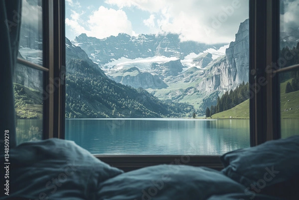 Obraz Open window view of a peaceful lake with majestic mountains and green hills.