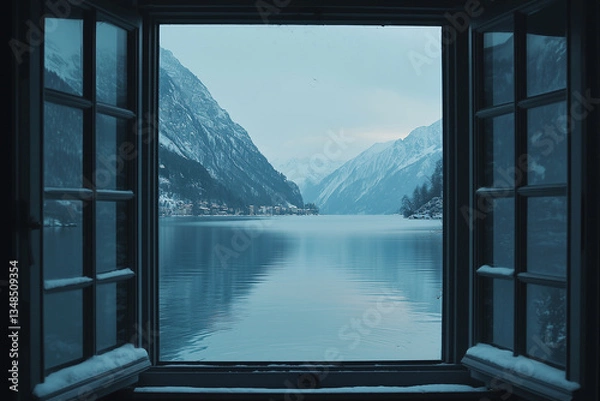 Fototapeta Open window view of a tranquil lake surrounded by snowy mountains in winter.