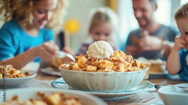 Fototapeta A family gathering around a table enjoying apple crisp with vanilla ice cream 