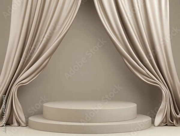 Fototapeta beige background with a minimal podium scene for product display. A clean, modern composition with soft lighting and a simple geometric design, ideal for presentations and branding visuals