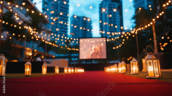 Obraz A beautifully decorated outdoor movie screening with string lights creating a cozy and inviting atmosphere. The red carpet leads to a giant movie screen showcasing an upcoming film