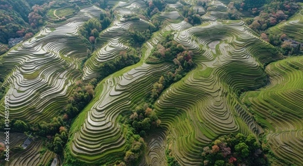 Fototapeta Aerial view of terraced rice fields showcasing vibrant green patterns and autumn hues