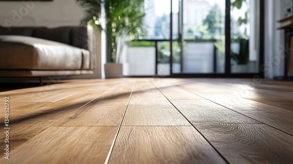 Fototapeta A close-up of warm wooden flooring in a modern living room, large windows in the background with soft natural light streaming in