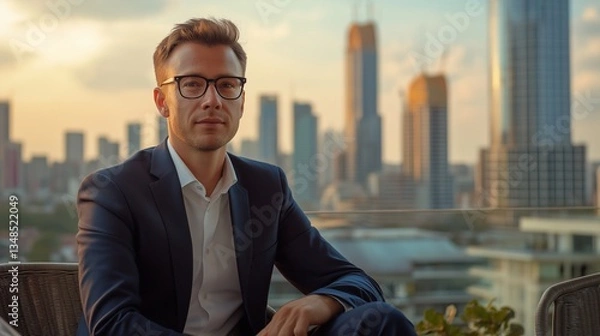 Obraz Businessman in glasses sitting on balcony with city skyline at sunset.